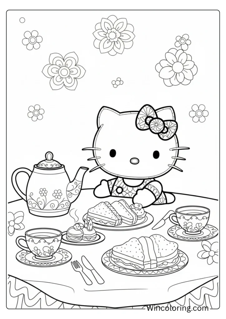 Hello Kitty tea party Coloring Sheet