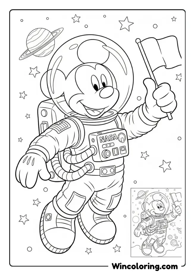 Mickey Mouse as an astronaut holding flag