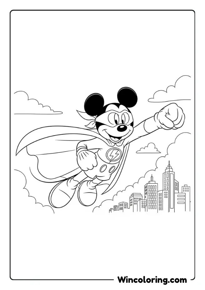 Mickey Mouse flying in superhero costume