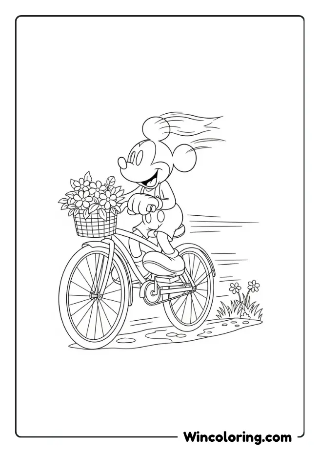 Mickey Mouse joyfully riding bicycle.