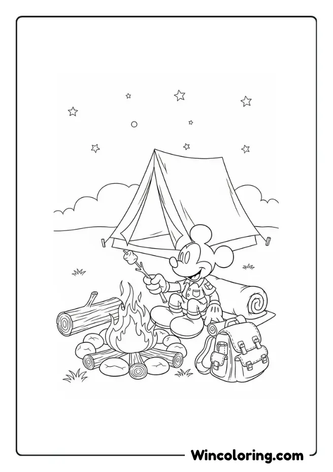 Mickey Mouse camping by a fire