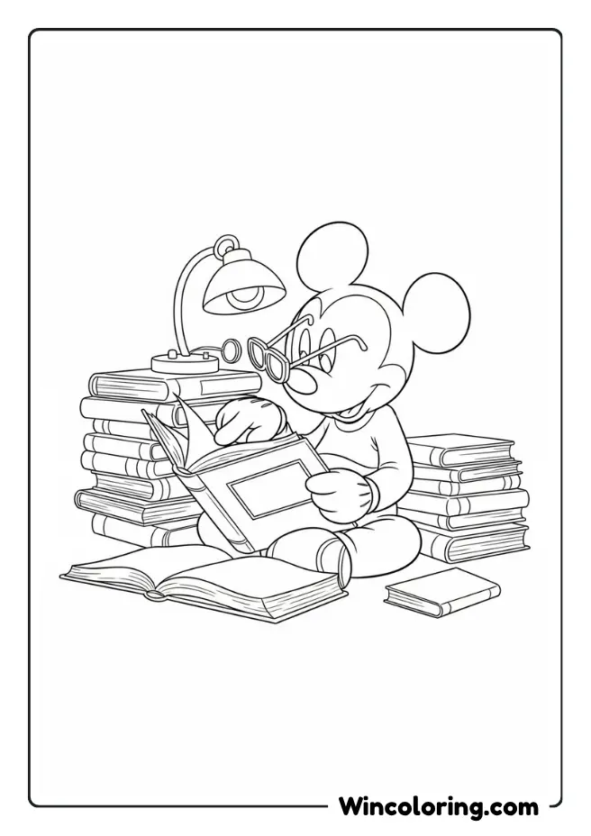 Mickey Mouse reading surrounded by books
