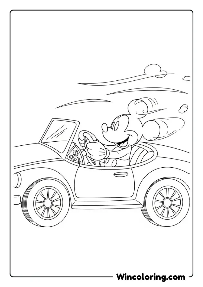 Mickey driving a classic convertible car