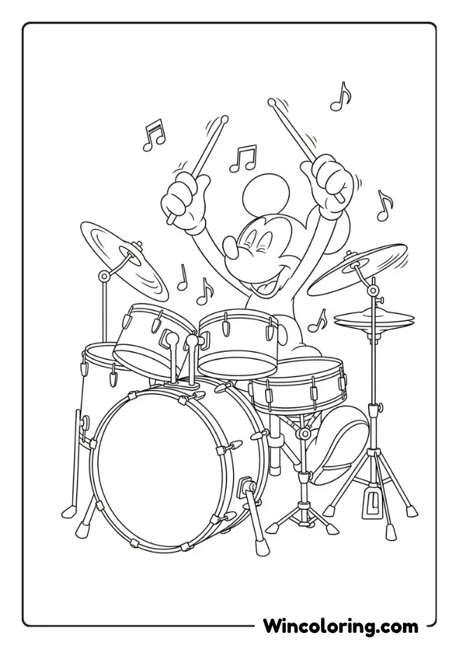 Mickey Mouse joyfully playing drums