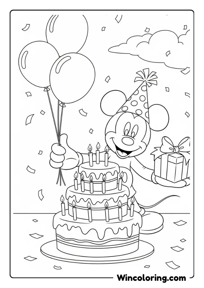 Mickey Mouse celebrates with cake and balloons