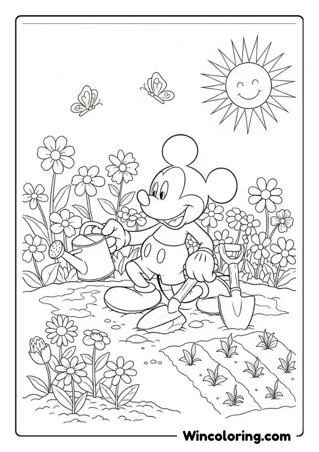 Mickey Mouse gardening with flowers and sun