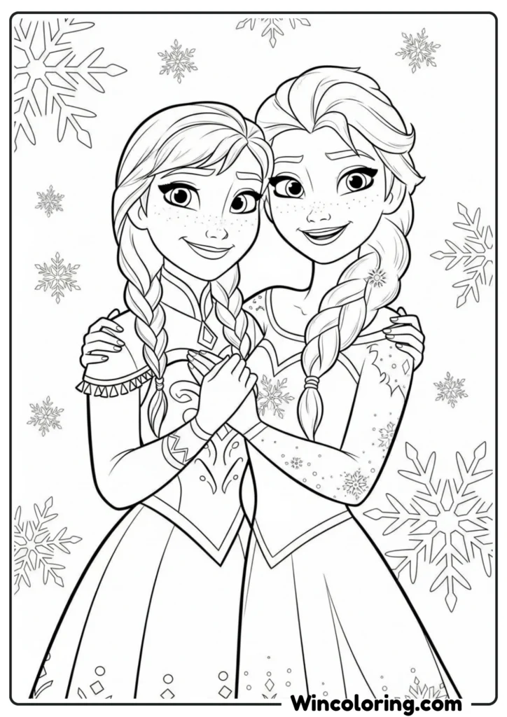 Free Frozen coloring page with Anna, Elsa, ready to color