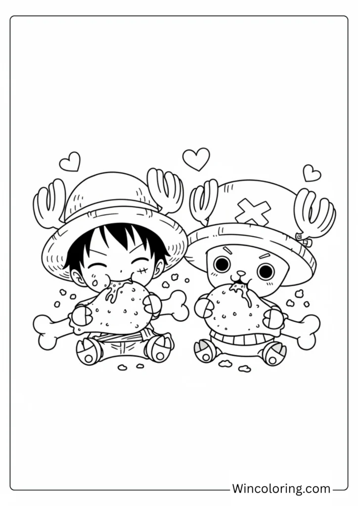Chibi Luffy and Chopper eating meat