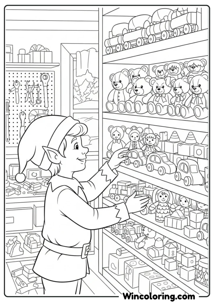 Elf Adjusting Toys on Shelf