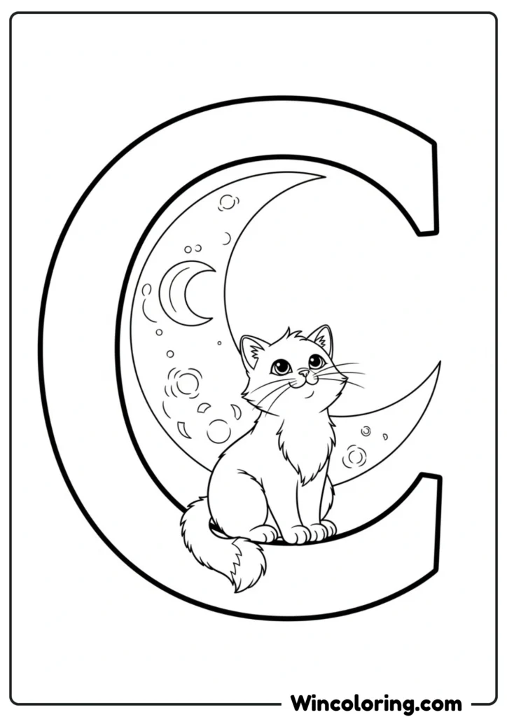 Letter C - Cat and Crescent Moon