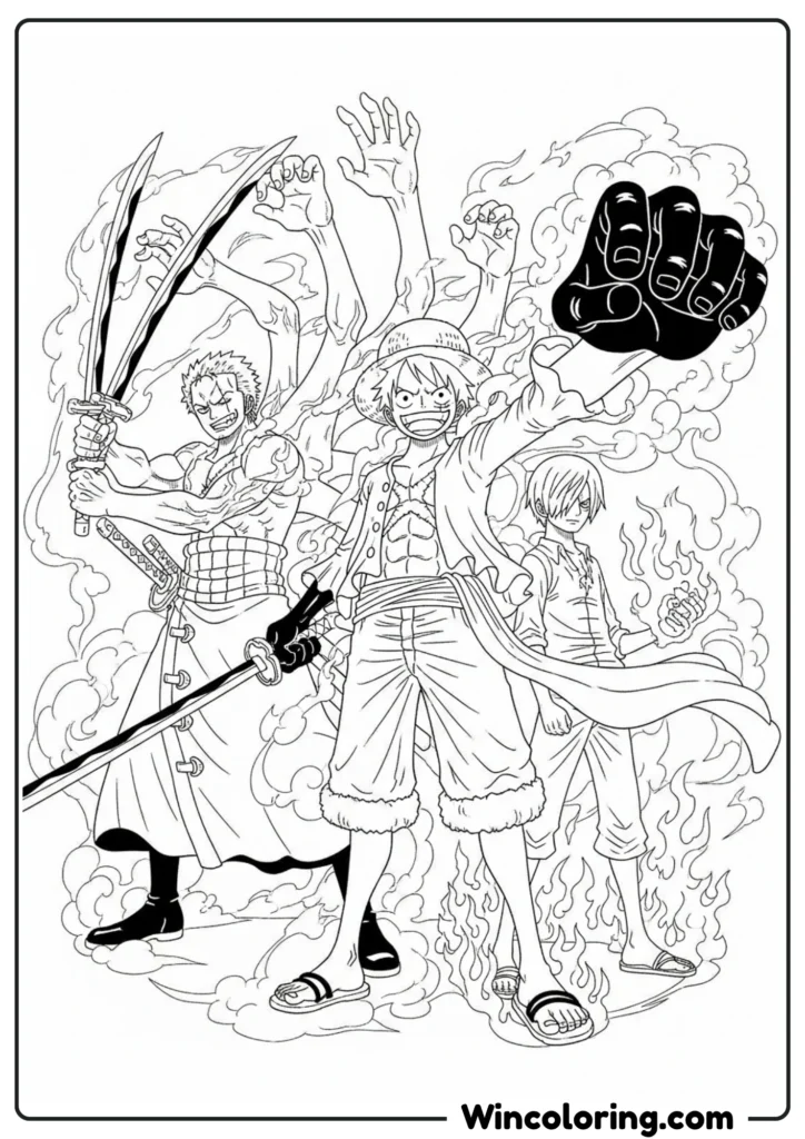 Luffy, Zoro, and Sanji Coloring page