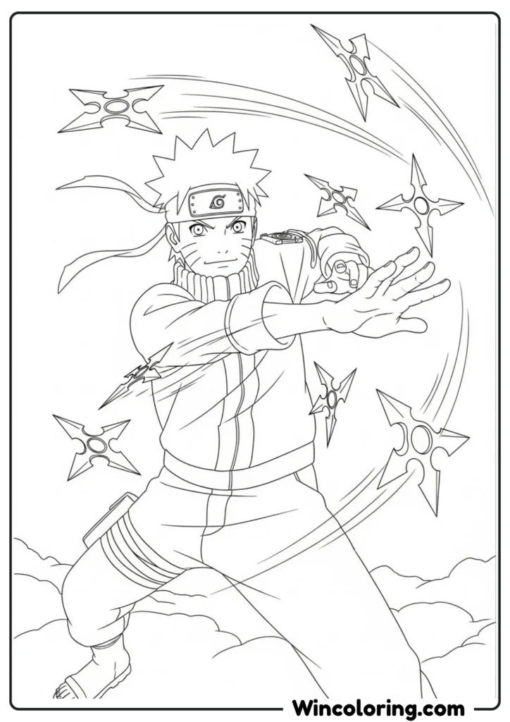 Naruto throwing shuriken in action