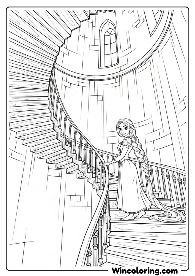 Rapunzel on a spiral staircase inside the tower