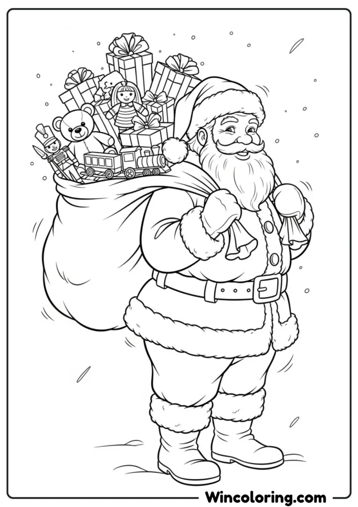 Santa carrying a large sack overflowing with wrapped