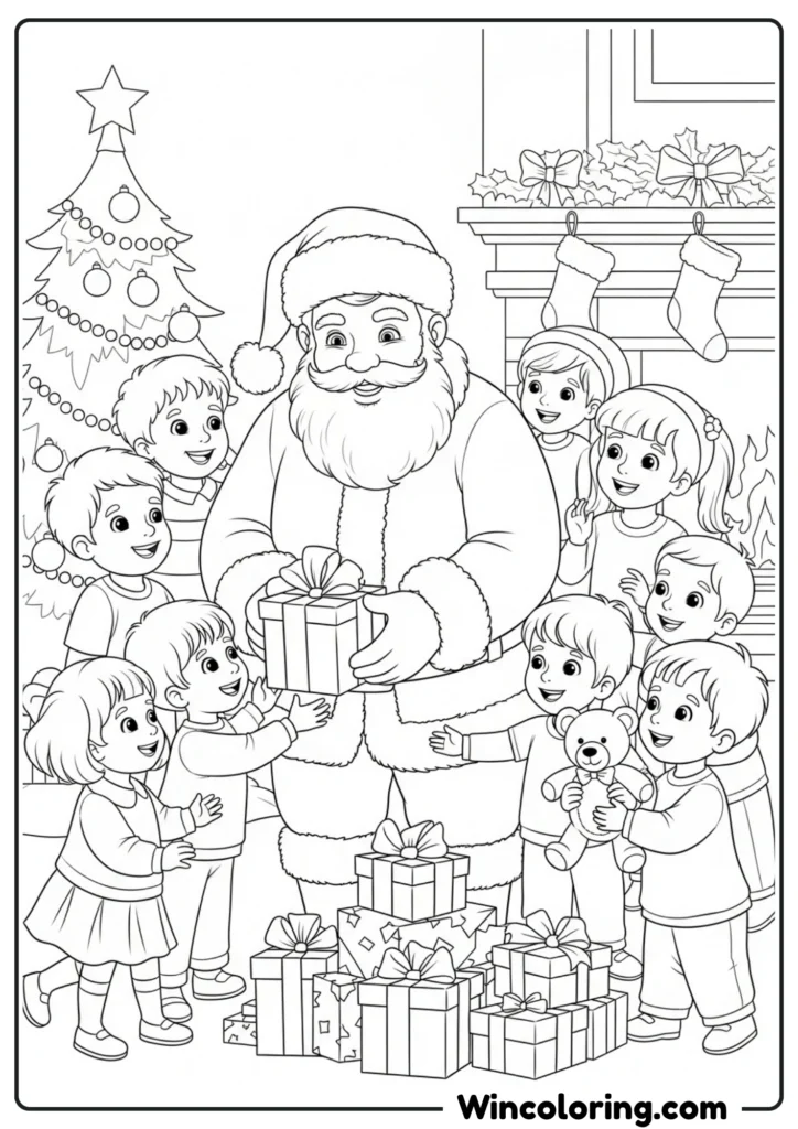 Santa surrounded by happy children