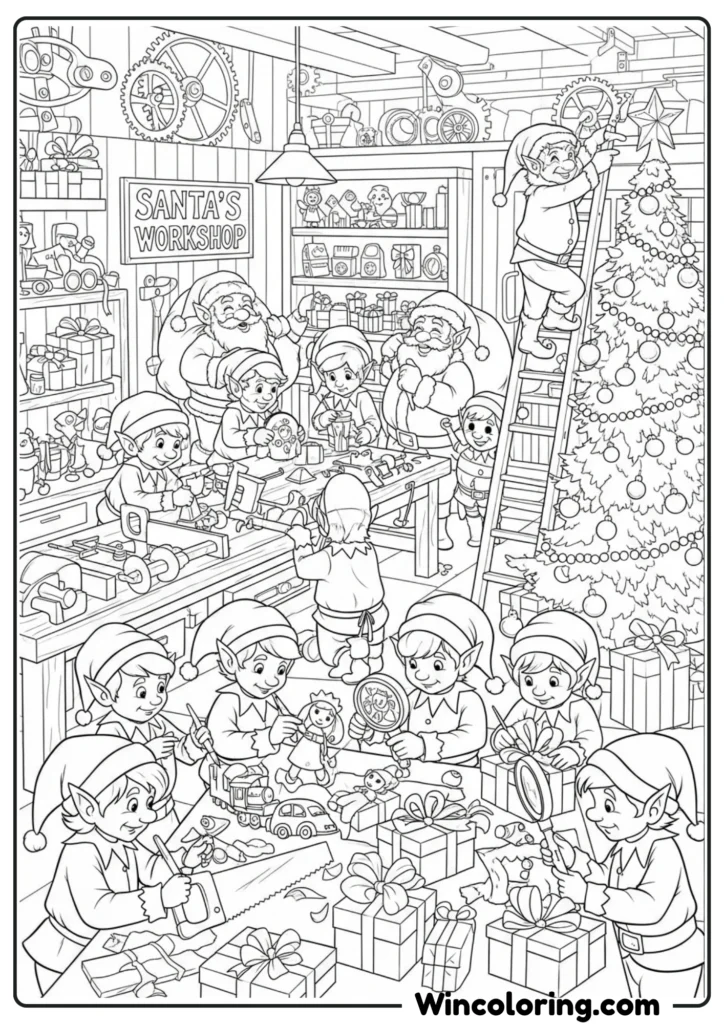 Santa's elves in his workshop busily making toys