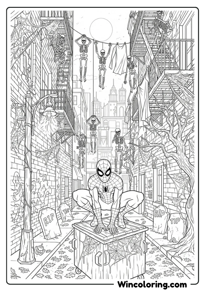 Spider-Man in an urban alley surrounded by Halloween