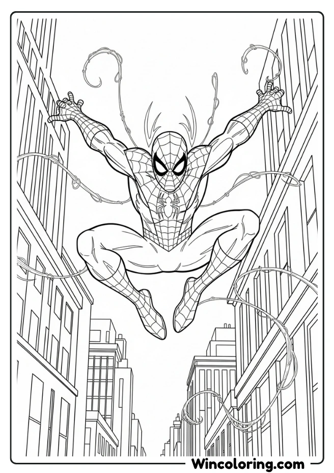 Spider-Man mid-leap between buildings