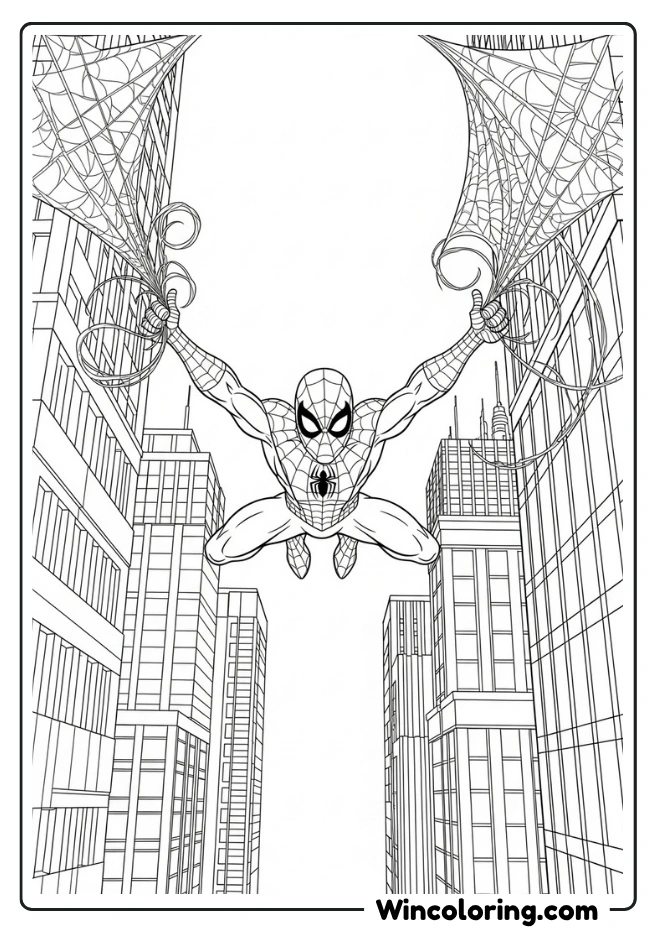 Spider-Man suspended in mid-air between two buildings