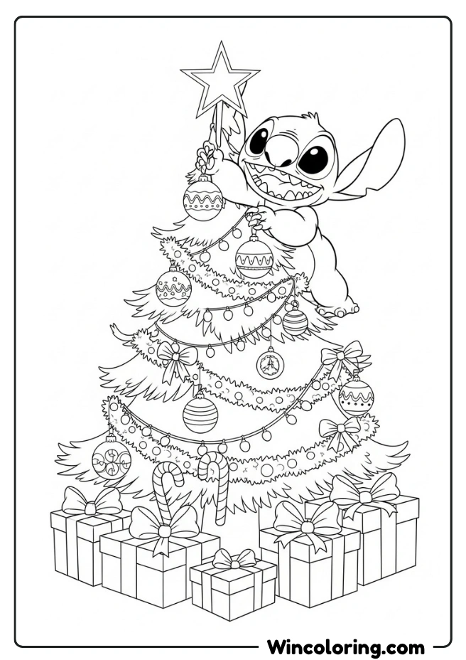 Stitch decorating a Christmas tree