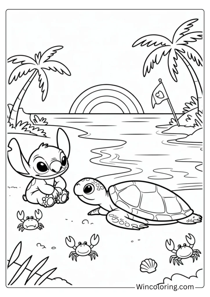 Stitch watching sea turtles on the beach