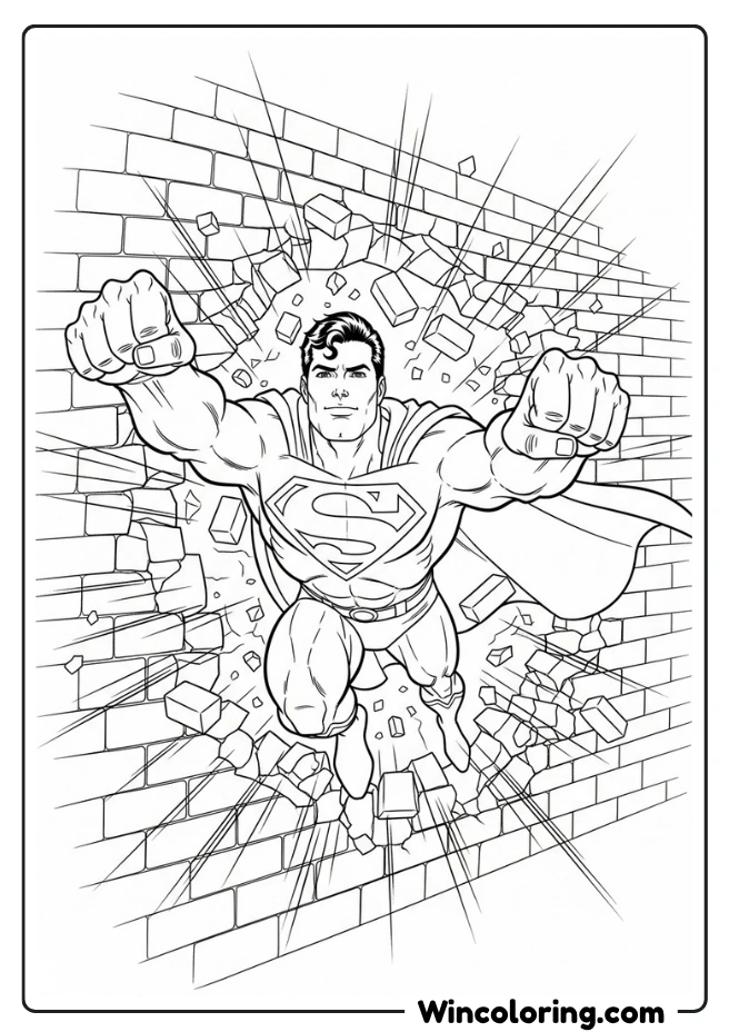 Superman bursting through a brick wall