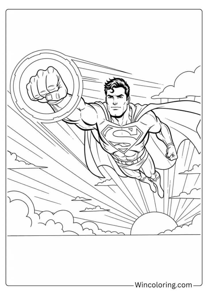 Superman flying fist-first into the horizon