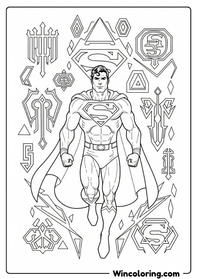 Superman surrounded by Kryptonian symbols