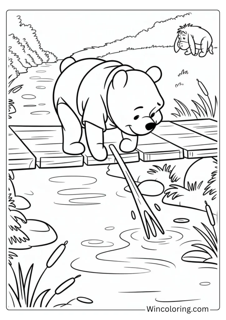 Winnie the Pooh Poohsticks coloring page bridge