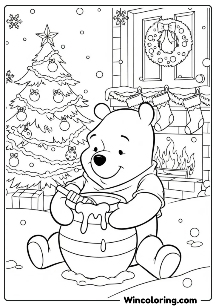 Winnie the Pooh enjoying honey with Christmas
