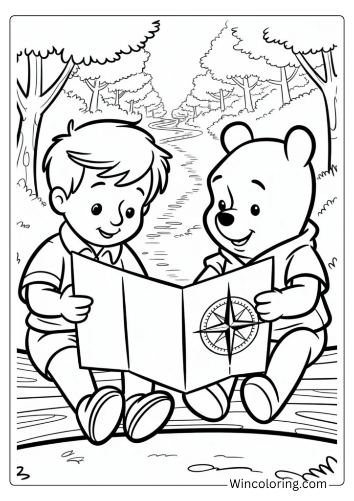 Winnie the Pooh reading map coloring page forest