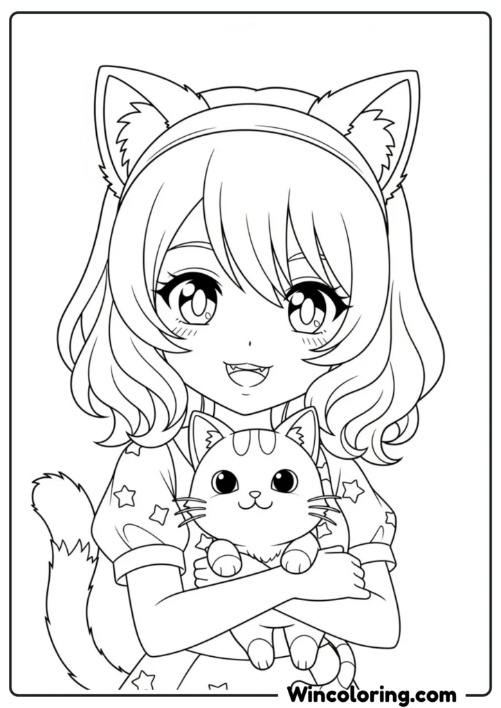 cute anime girl with cat