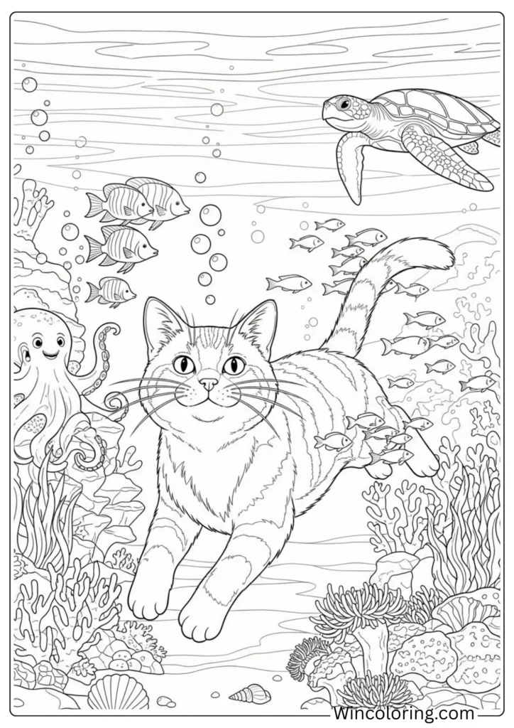 Cat Swimming Under The Ocean