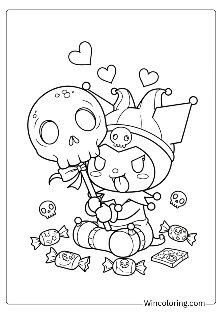 Chibi Kuromi eating skull-shaped candy