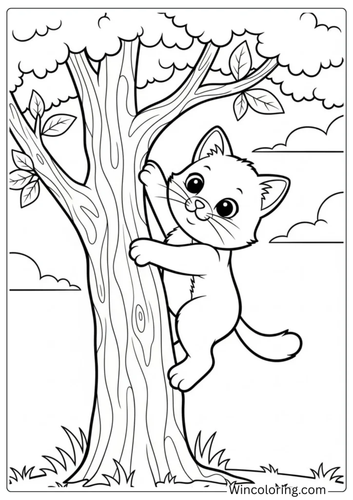 Cute Cat Climbing a Tree Coloring Page