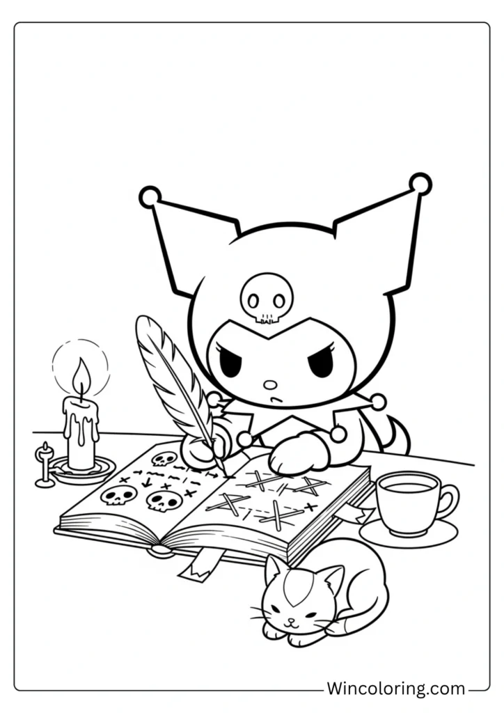 Kuromi writing a villainous plan in her notebook