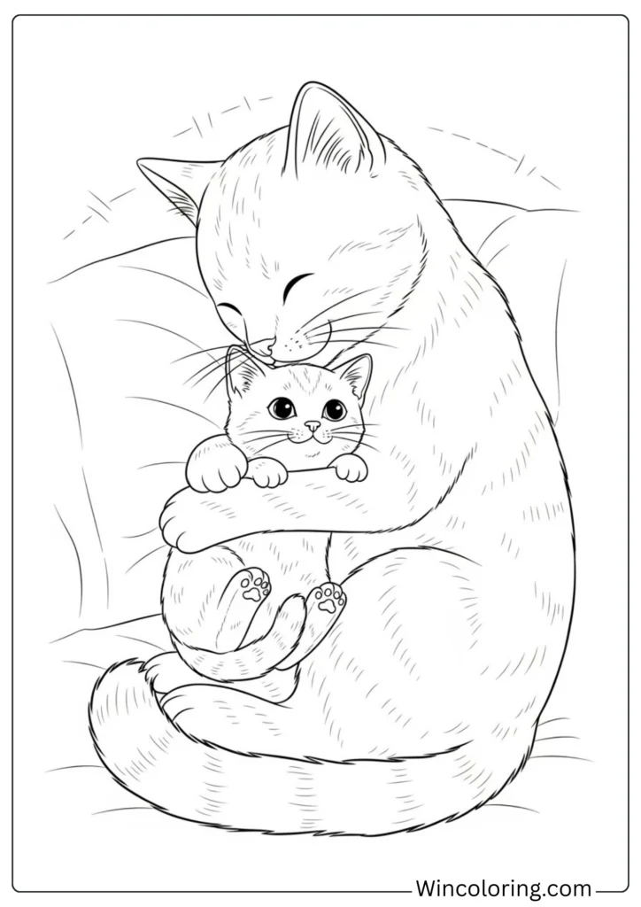 Mother Cat Hugs and Comforts Baby Cat