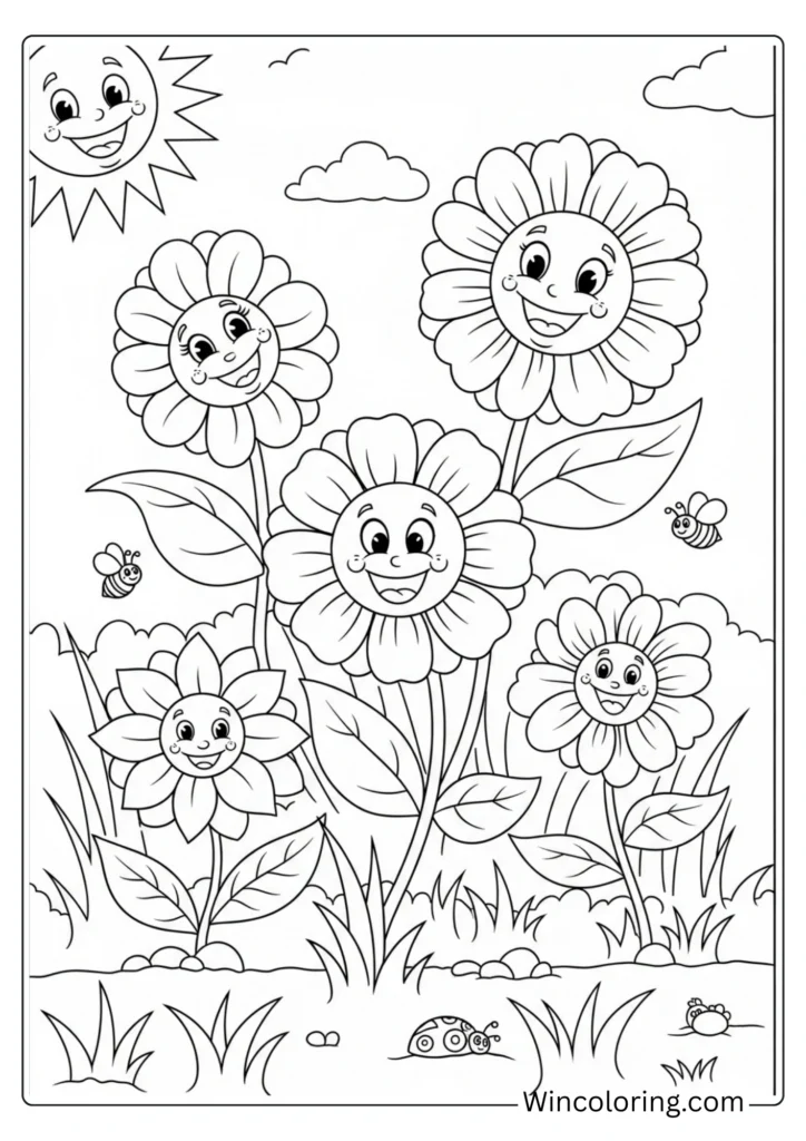 Cartoon Spring Flowers Smiling