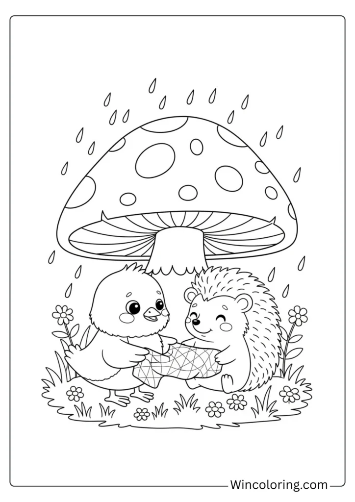 Chick and hedgehog under a mushroom