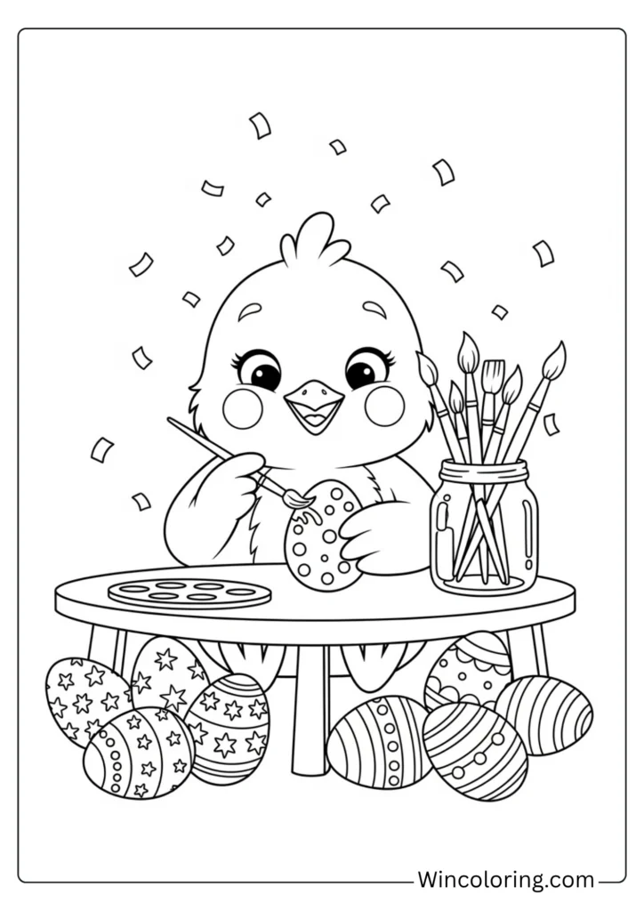 Chick decorating Easter eggs