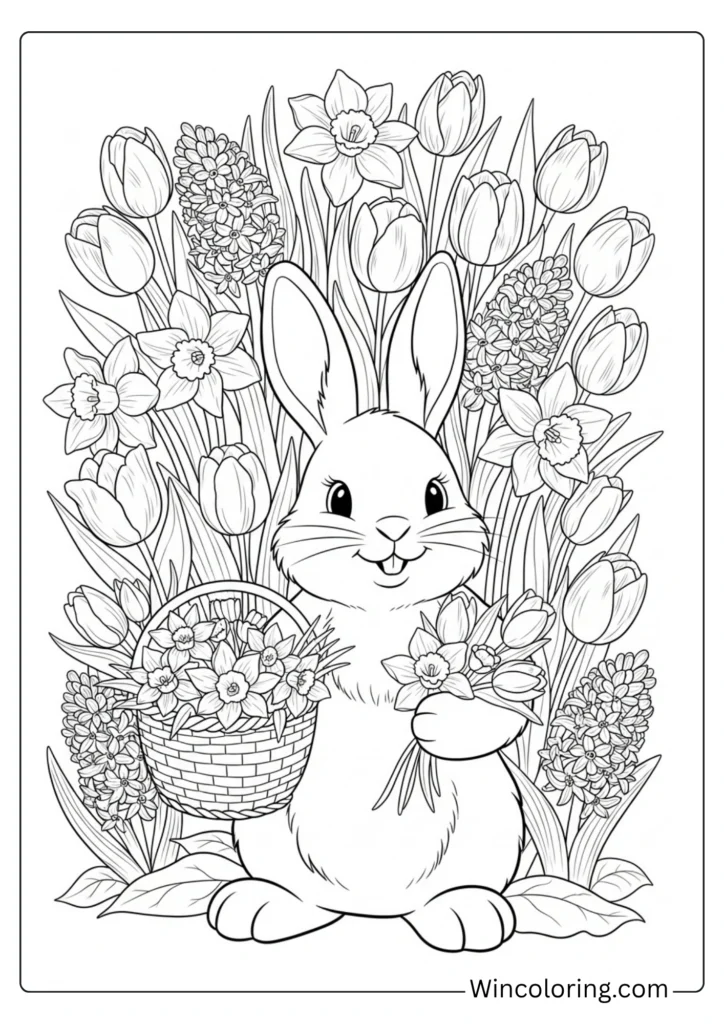 Easter bunny surrounded by and holding various spring flowers