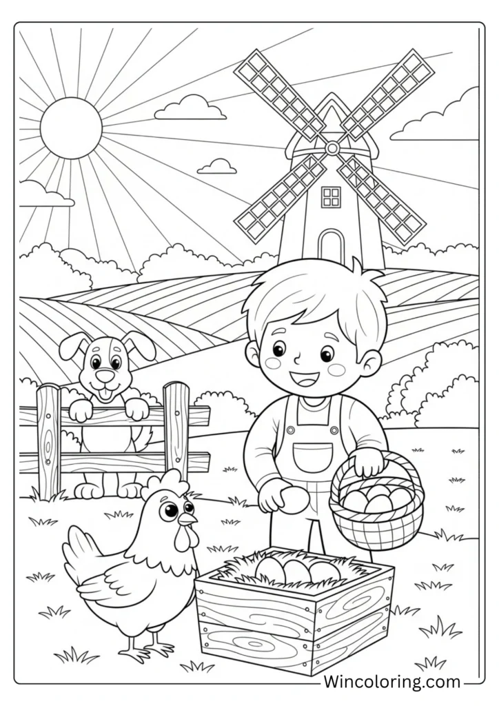 Egg-collecting farm scene