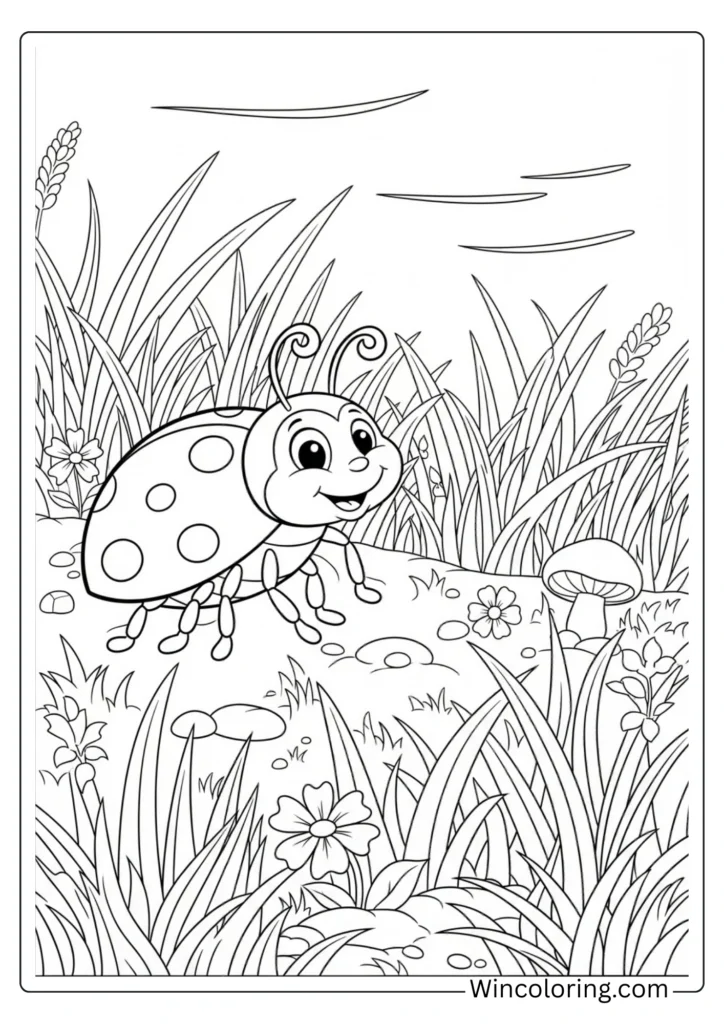 Happy Ladybug in Grass Field