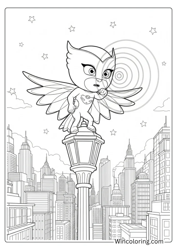 Owlette perched on a lamppost scanning the city