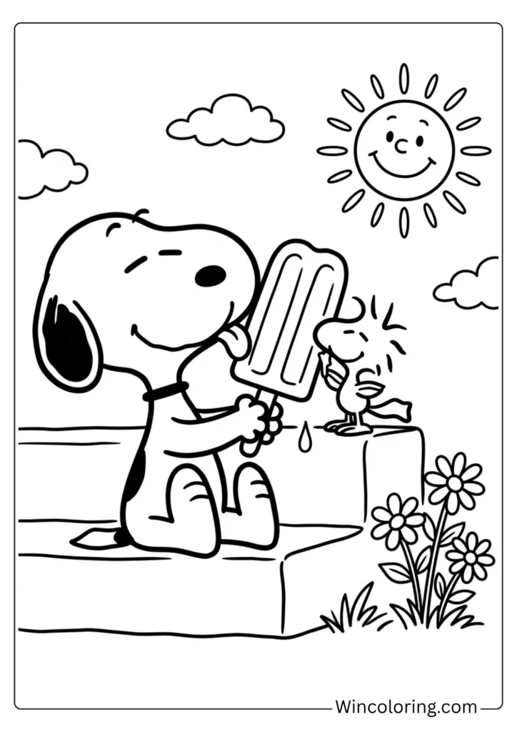 Snoopy and Woodstock summer coloring page friends printable