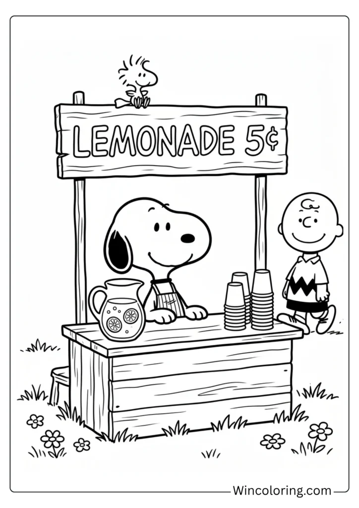 Snoopy lemonade stand coloring page summer kids printable