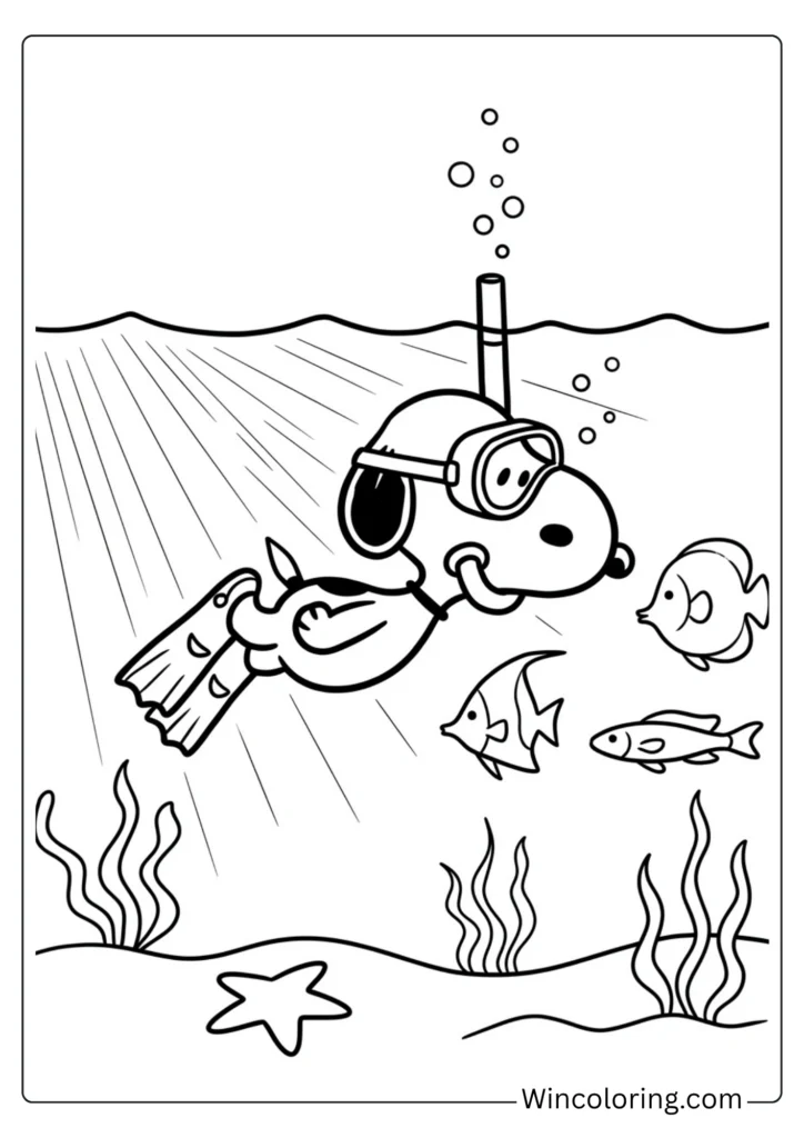 Snoopy snorkeling coloring page underwater summer printable