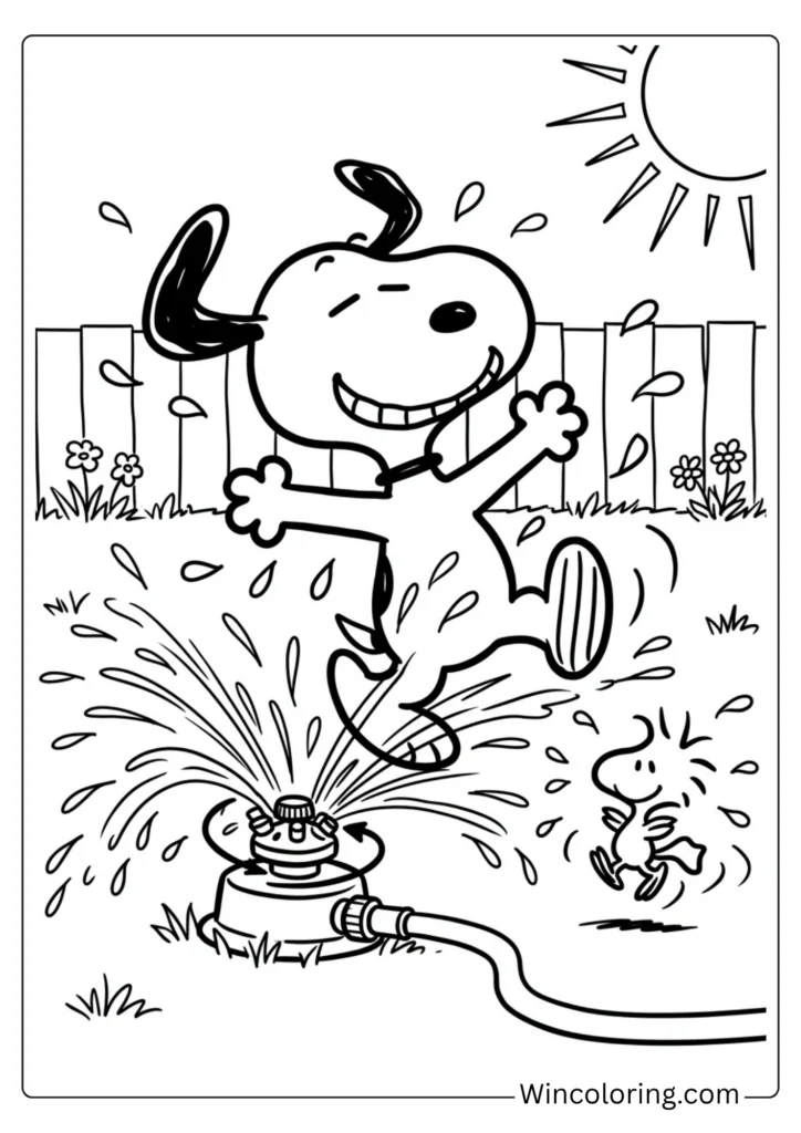 Snoopy sprinkler coloring page summer fun kids printable