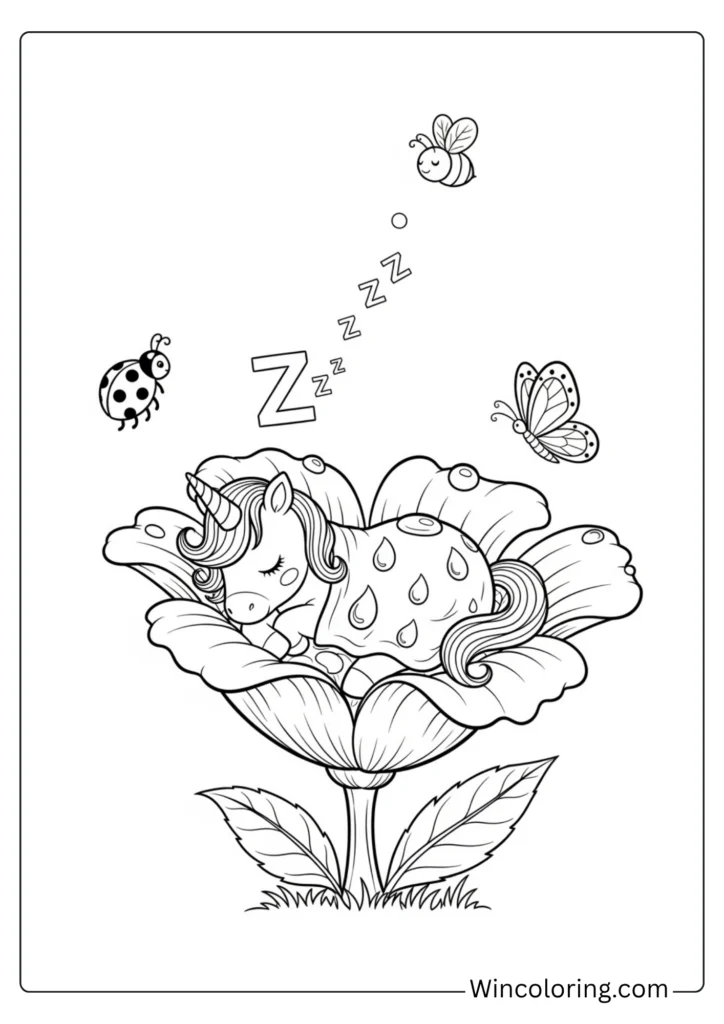 Tiny unicorn sleeping in a flower