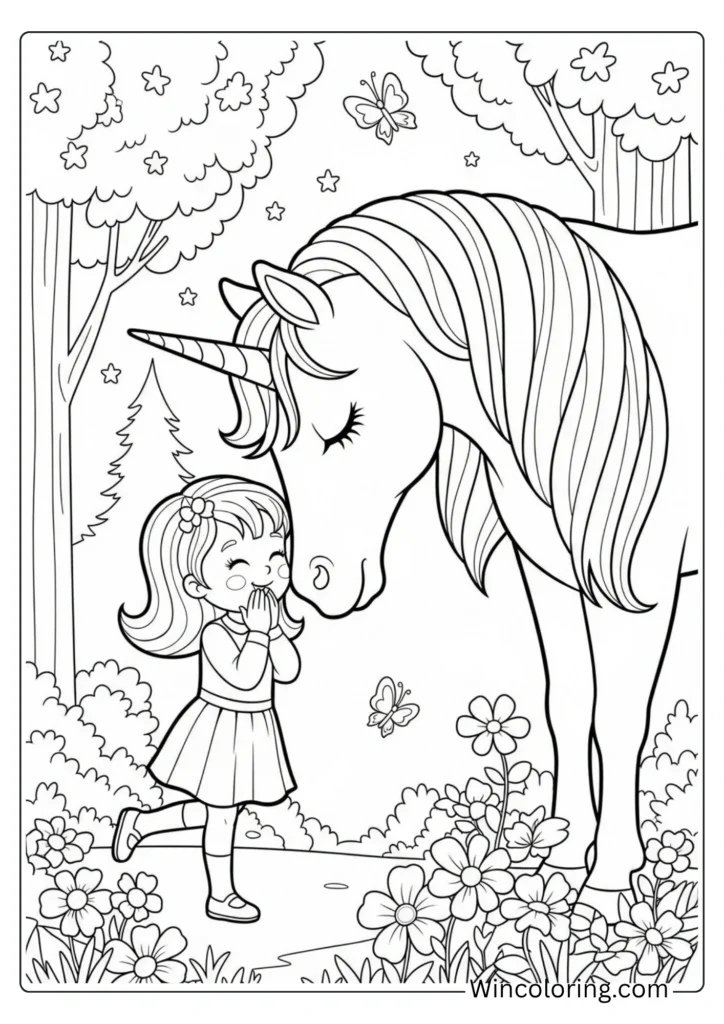 Unicorn and a little girl sharing a secret